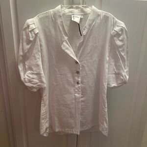 Finley Pleated Puff Sleeve Top Button Up Size M White Cotton NWOT